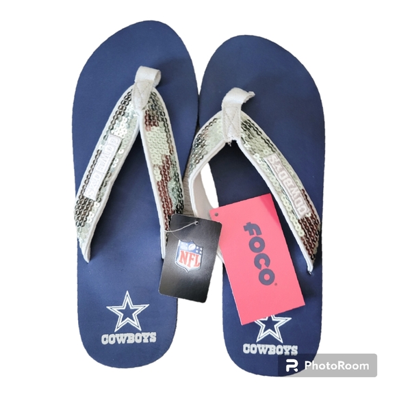 Women's NFL Team Logo Sequin Strap Sandals Flip Flops - Picture 1 of 4